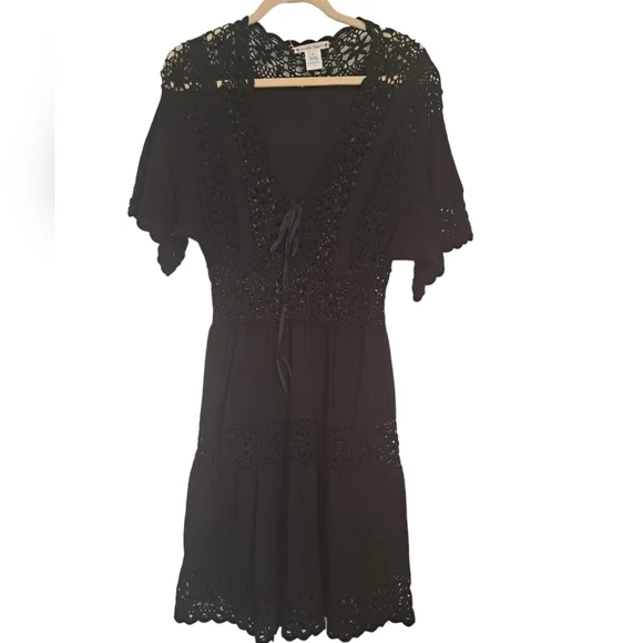 NANETTE LEPORE black cotton crochet knit cut out short sleeve cover up dress M - Picture 6 of 10